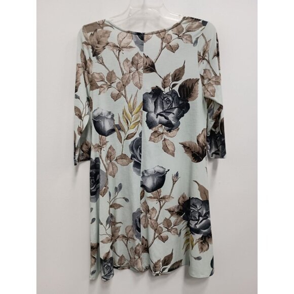 Honeyme Womens BOHO Mini Dress Size Small Light Blue Floral 3/4 Sleeve Stretch - Picture 5 of 6